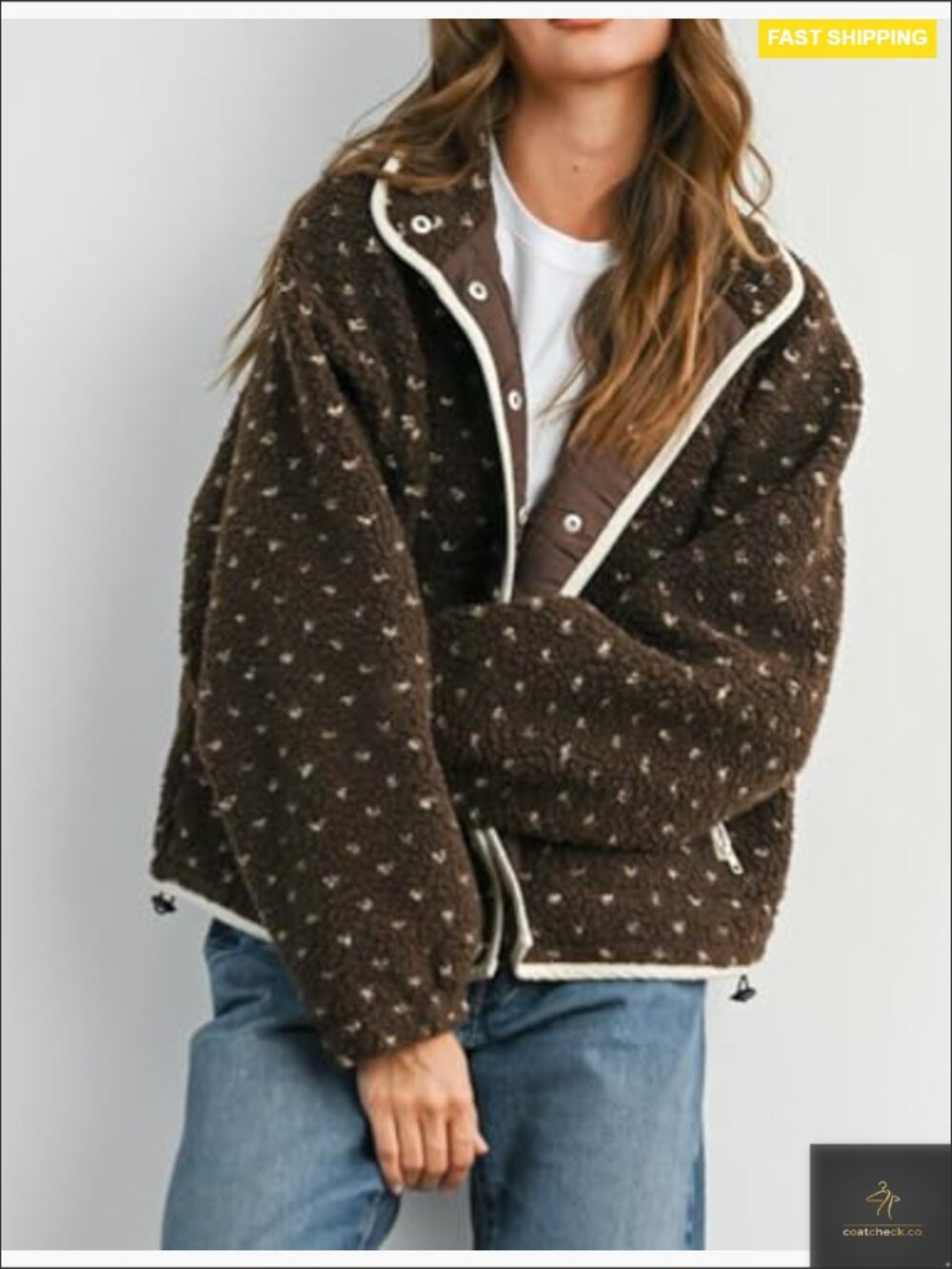 Women's Fleece Jacket Button Down Lapel Collar Sherpa Long Sleeve Quilted - Picture 4 of 7